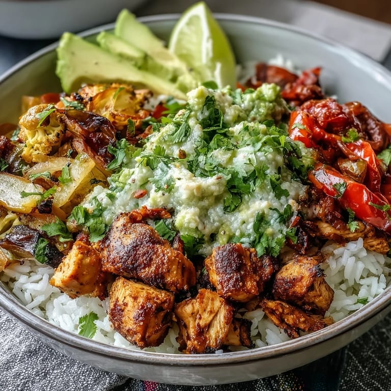 Vibrant bowl of fluffy white rice topped with smoky roasted chicken, peppers, and a chunky zesty avocado salsa.
