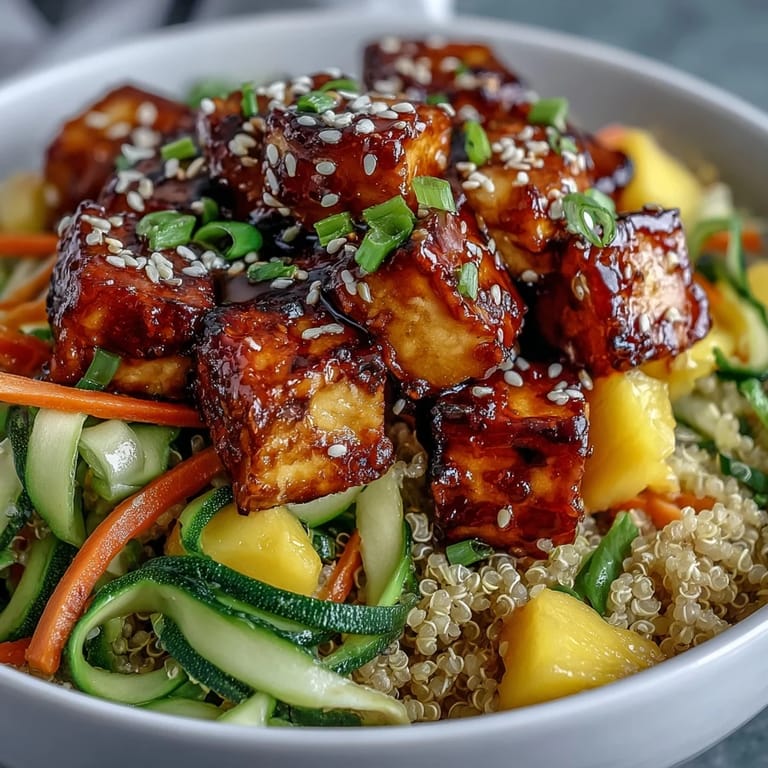 Close-up of gluten-free Easy Teriyaki Quinoa Bowl with golden tofu, spiralized zucchini, mango, and green onions, ready for dinner.