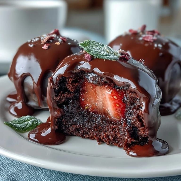 Bite-sized strawberry truffles infused with rosewater and cardamom, enrobed in rich dark chocolate and sprinkled with chopped pistachios for a Dubai-inspired indulgence.