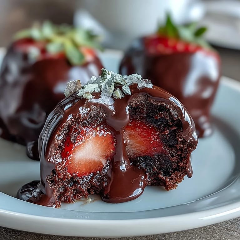 Elegant strawberry and cardamom truffles coated in glossy dark chocolate, inspired by Dubai's opulent dessert traditions and garnished with edible rose petals.