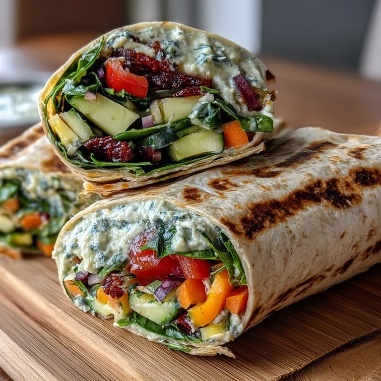 Colorful, nutrient-packed veggie wraps featuring crisp peppers, carrots, and spinach, ideal for a light, satisfying meal.