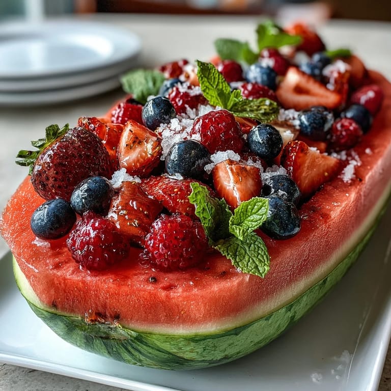 Vibrant watermelon carving board overflowing with juicy strawberries, blueberries, raspberries, and blackberries, a refreshing centerpiece for any gathering.