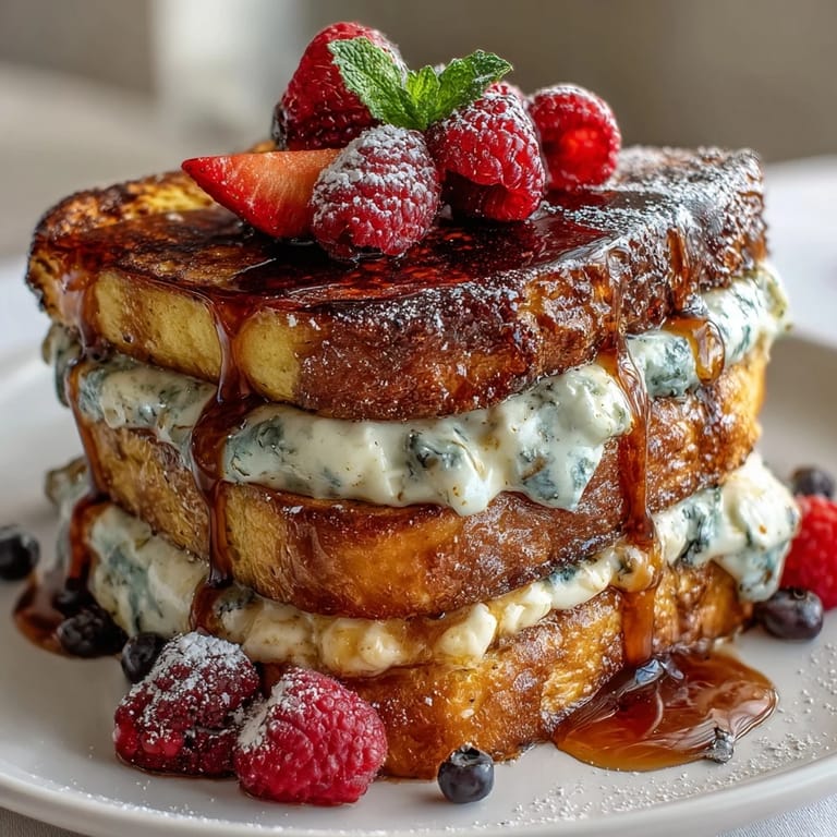 Fluffy pancakes baked in a rich custard, topped with vibrant mixed berries for a beautiful and delicious brunch centerpiece.