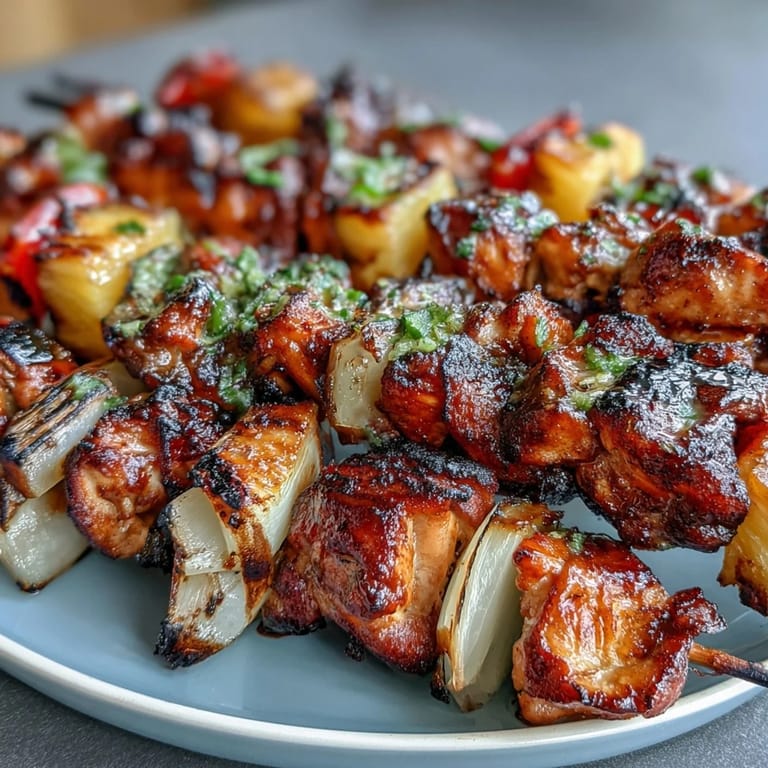 Savory Grilled Pineapple Chicken Skewers with smoky char and sweet pineapple, served with fresh cilantro and lime for a burst of flavor.