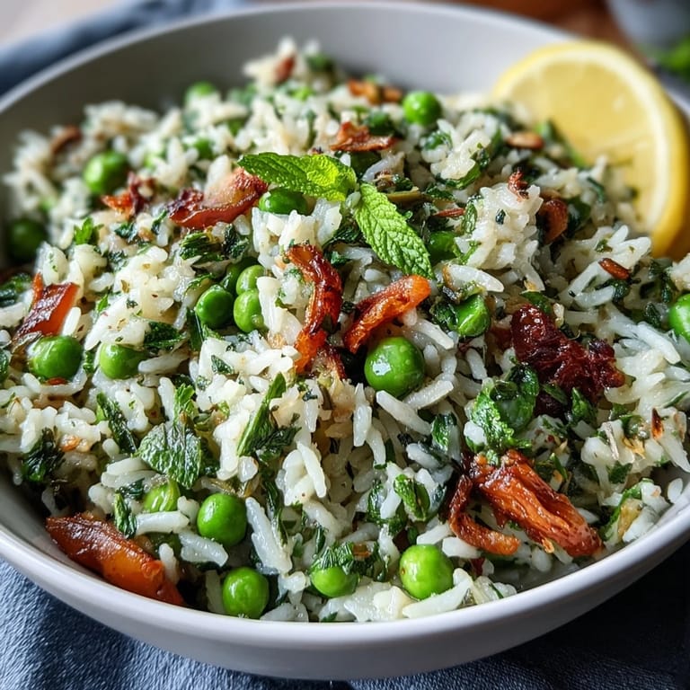 Aromatic rice pilaf with sweet spring peas and bright mint, offering a light and refreshing complement to roasted or grilled mains.