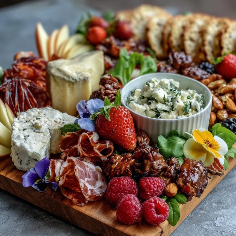 Elegant Spring Charcuterie Board with Edible Flowers and Fruits, featuring delicate prosciutto, creamy cheeses, and sweet berries in a visually stunning display.