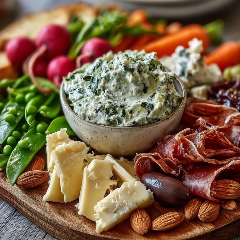 Colorful spring charcuterie board showcases fresh radishes, sugar snap peas, and herb dip alongside prosciutto and cheeses for a festive appetizer.