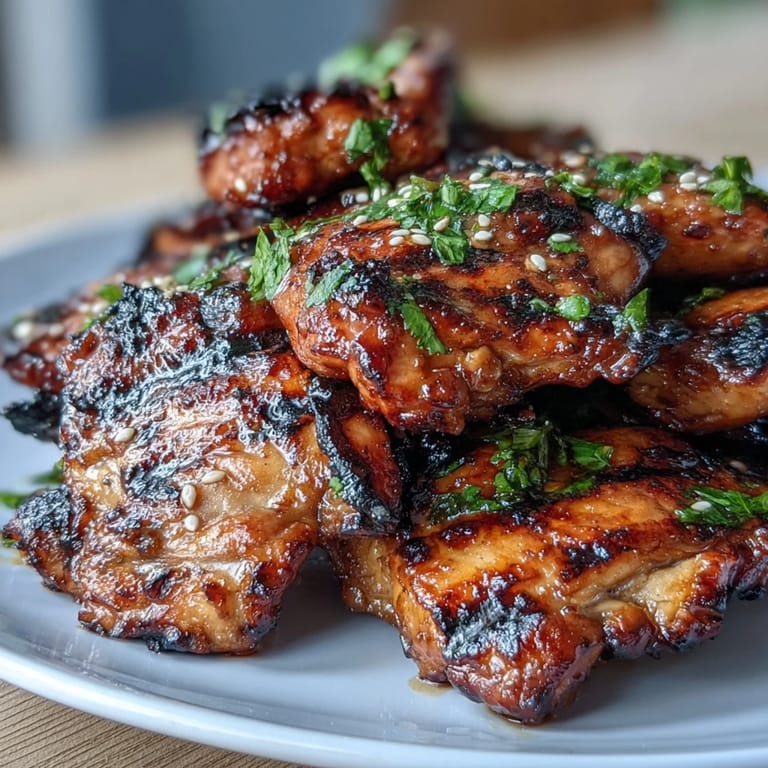 2. Spicy-sweet honey sriracha chicken thighs sizzling on the grill, basted with glossy marinade for bold flavor.  