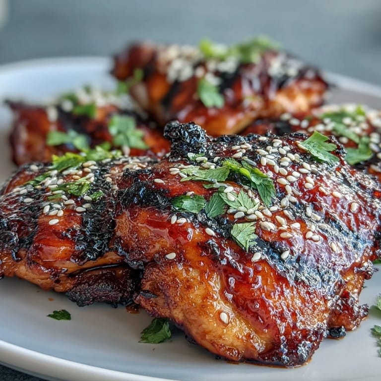 3. Tender, marinated chicken thighs coated in honey sriracha sauce, grilled until smoky and caramelized for a crowd-pleasing main.
