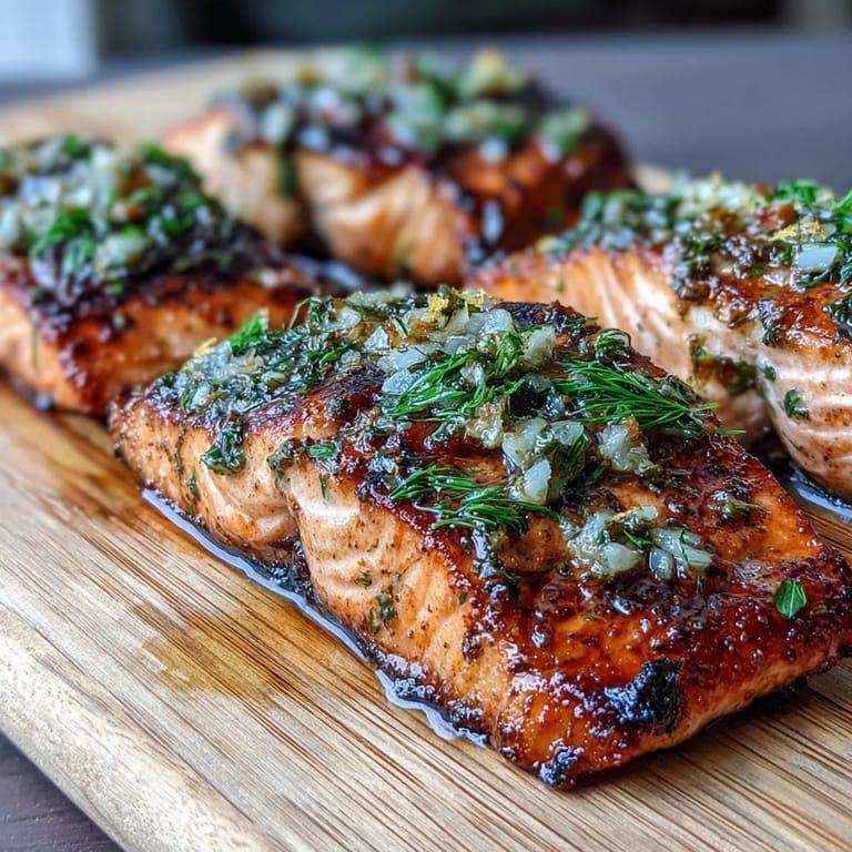 Freshly grilled Cedar Plank Salmon with Garlic Dill, tender and fragrant, served with lemon slices and dill garnish.  