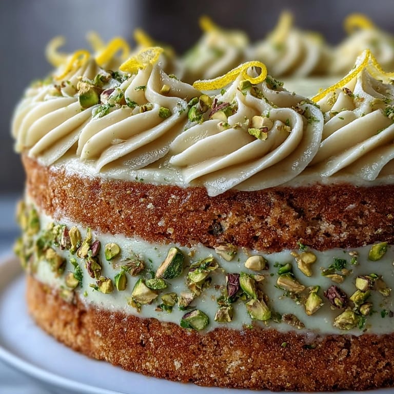 Showcases a fluffy layered Spring Birthday Lemon Pistachio Cake, perfect for dessert.