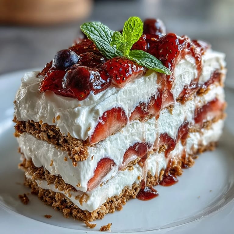 Festive strawberry no-bake icebox cake cooling beautifully, ready for summer.