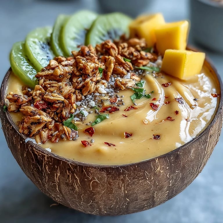 Creamy, zesty Mango Chili Lime Smoothie Bowl ready to be enjoyed.