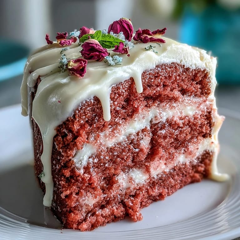 A blush pink velvet cake infused with rosé wine, crowned with edible gold.