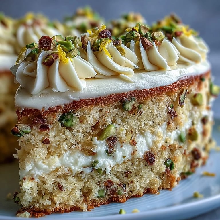 Vibrant Spring Birthday Lemon Pistachio Cake adorned with zest and chopped nuts.