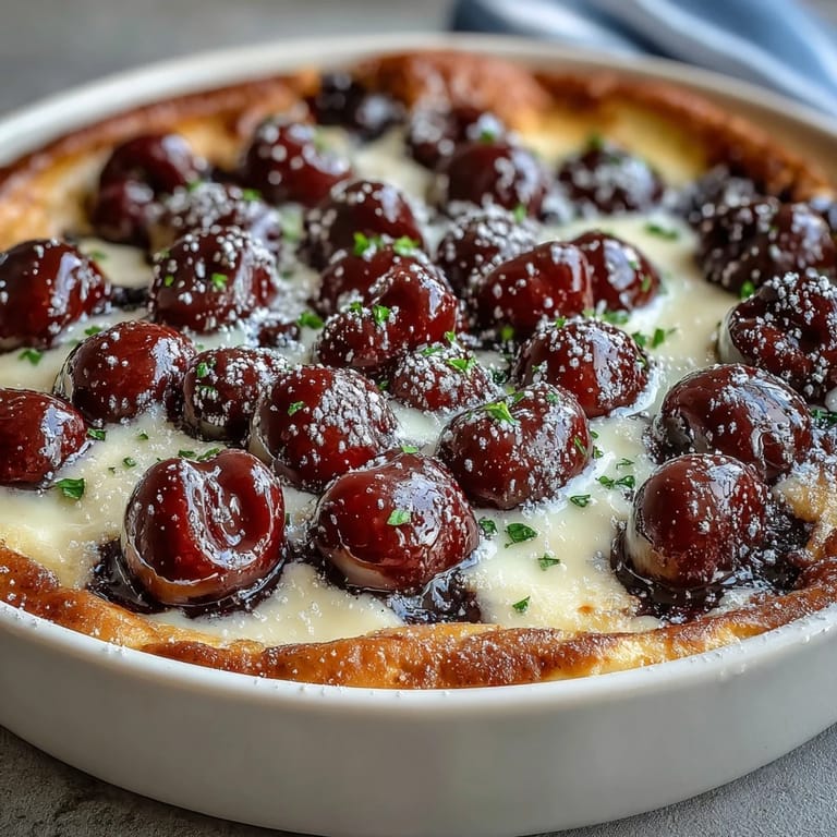 Rustic French Fresh Cherry Clafoutis, golden brown, dusted with powdered sugar.
