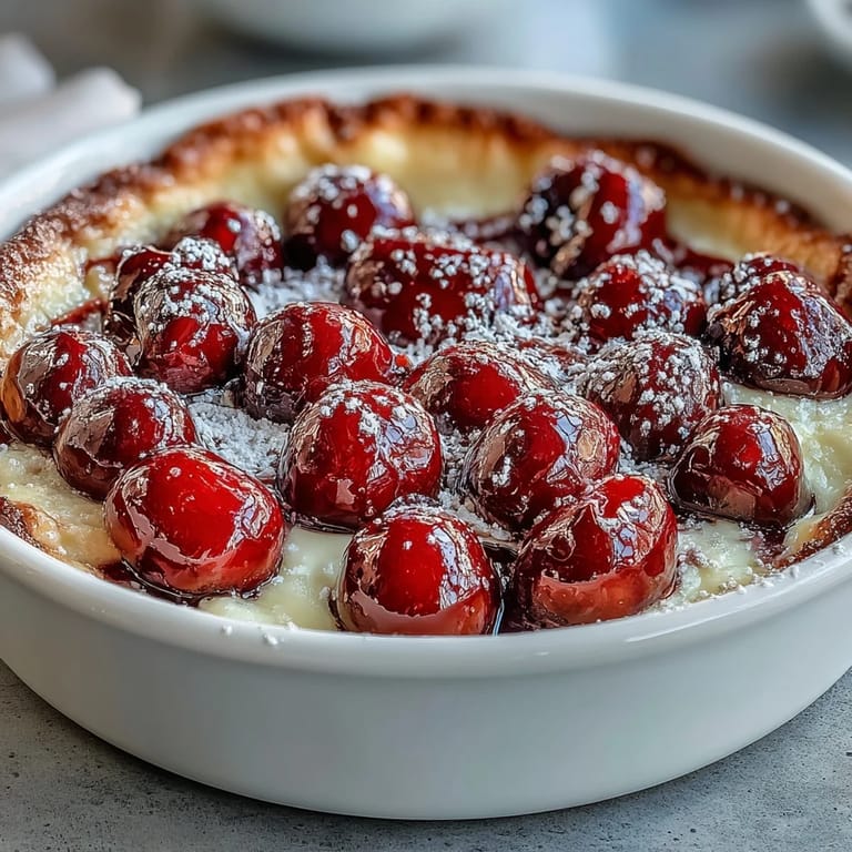 Summertime Fresh Cherry Clafoutis, a warm, eggy dessert showcasing juicy fruit.