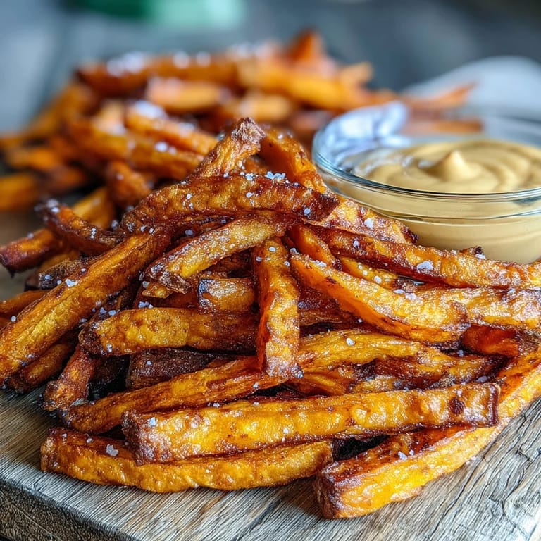 Golden, crispy air fryer sweet potato fries waiting to be dipped in smoky aioli.