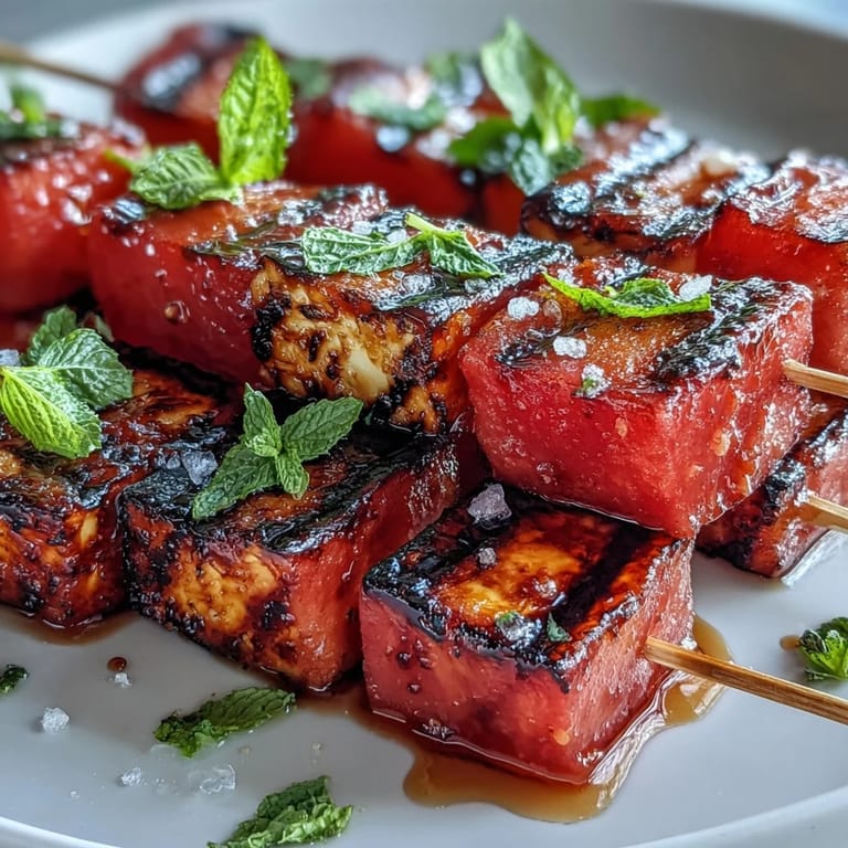 Vibrant grilled halloumi and watermelon skewers with cooling mint, perfect summer appetizer.