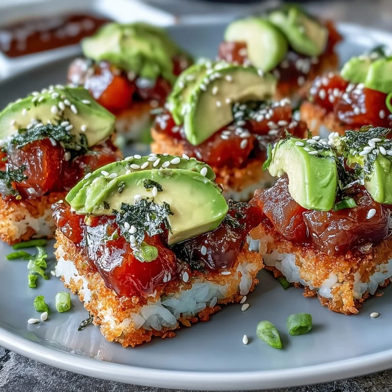 Viral appetizer featuring Spicy Tuna Crispy Rice Bites, perfectly seasoned and ready to enjoy.