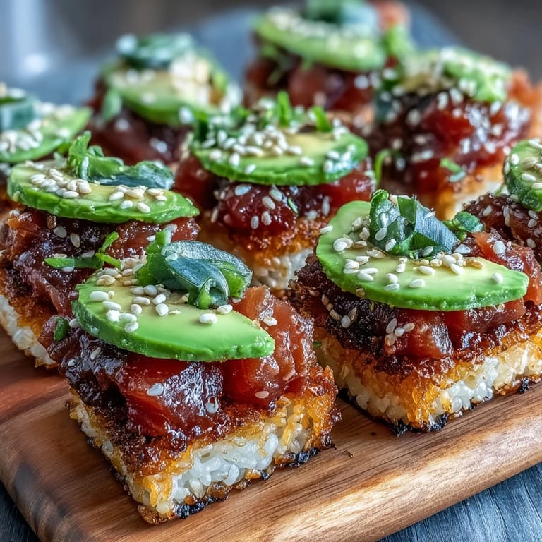 Delectable Spicy Tuna Crispy Rice Bites, a party-ready appetizer with creamy, spicy sensations.