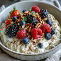 Creamy millet porridge topped with fresh berries, nuts, and chia seeds, served in a rustic bowl for a cozy morning breakfast.  