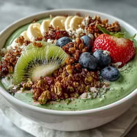 A vibrant green smoothie bowl topped with crunchy granola, sliced strawberries, and banana coins in a white bowl.