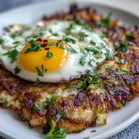 Celeriac Rösti with Harissa Yogurt and Fried Eggs served golden-crisp, topped with creamy spicy sauce and a sunny-side-up egg on a white plate.