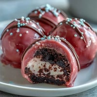 Chilled Oreo Truffle Balls with a pink candy coating and sprinkles on a white plate.