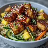 Crispy baked tofu and spiralized veggies top fluffy quinoa in this vibrant Easy Teriyaki Quinoa Bowl, drizzled with glossy sauce.