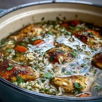 A steaming bowl of Easy Chicken and Rice Soup, brimming with tender chicken, vegetables, and fluffy rice in a savory broth.