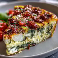 A golden, fluffy spinach and feta frittata loaded with sun-dried tomatoes, perfect for a healthy brunch or light dinner.