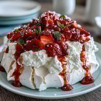 A crisp, golden meringue nest filled with fluffy whipped cream and juicy fresh strawberries in a classic Strawberry Pavlova dessert.