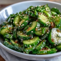 Crisp Asian cucumber salad with sesame and rice vinegar, tossed with green onions and toasted sesame seeds.