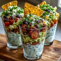 Vibrant Easy Taco Dip Cups filled with creamy sour cream, refried beans, and fresh veggies in individual clear cups.