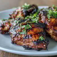 1. Juicy grilled chicken thighs glazed with sweet honey sriracha marinade, caramelized to perfection on a summer barbecue.  