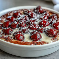 Fresh Cherry Clafoutis bursting with sweet cherries in a rich vanilla custard.