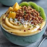 Vibrant Mango Chili Lime Smoothie Bowl topped with fresh fruit and granola.