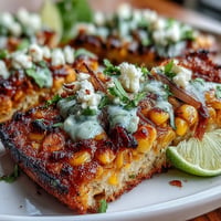 Oven-baked Cinco de Mayo Street Corn Flatbread with vibrant toppings and crema.