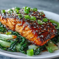Miso glazed salmon with sesame bok choy, glistening and caramelized, ready to serve.