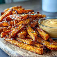 Air fryer sweet potato fries, perfectly crisp, served with creamy chipotle aioli.