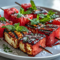 Grilled halloumi and watermelon skewers with mint, showcasing char marks and fresh greens.